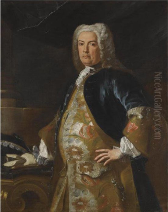 Portrait Of A Nobleman, 
Three-quarter Length, Leaning His Glovedright Hand On A Console Table Oil Painting by Francesco Solimena