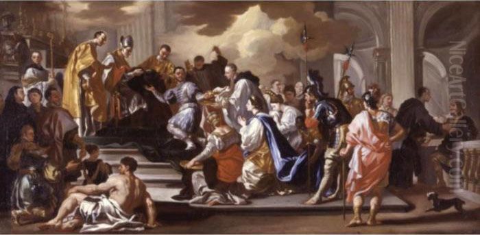 King Ratchis Of The Longobards 
Renouncing His Crown To Become A Benedictine Monk At Montecassino Oil Painting by Francesco Solimena