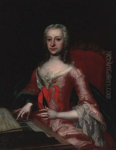 Portrait Of A Lady, Seated Half-length, In A Pink Dress With A Bluewrap, At A Harpsicord Oil Painting by Francesco Solimena