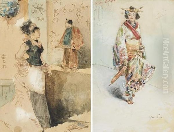 Japonaise En Kimono, Une 
Ombrelle A La Main; Et Une Elegante Regardant Un Samourai Avec Son Epee Oil Painting by Henry Somm