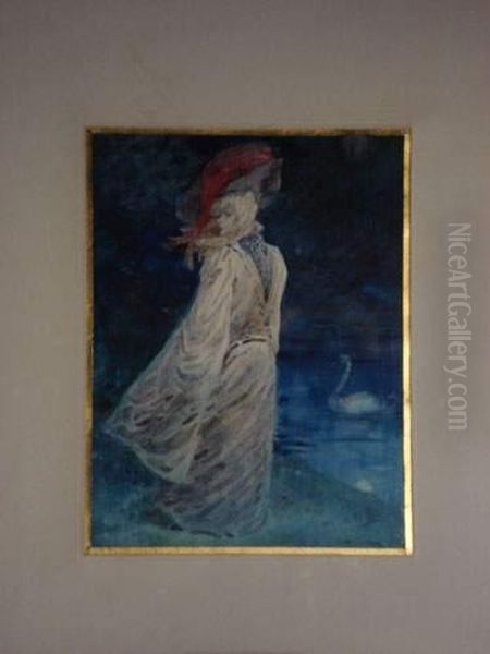 Elegante Au Cygne
 Aquarelle, Signee En Bas A Droite. Oil Painting by Henry Somm