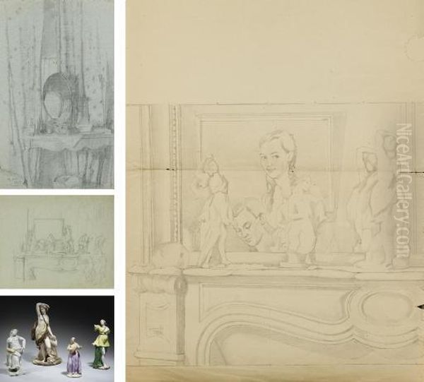 Interior With A Console And 
Mirror; Study For 'an Intimate Moment'; Two Sketches For 'self-portrait 
With Porcelain Figures On A Mantelpiece' Oil Painting by Konstantin Andreevic Somov