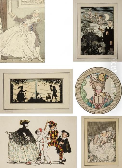 A Rare Group Of Six Lithographs 
For The Book 'le Livre De La Marquise': La Femme; L'impatient; Rencontre
 A La Fontaine; Bal Au Monastere; La Lettre; And Diablotins Et Sorcieres Oil Painting by Konstantin Andreevic Somov