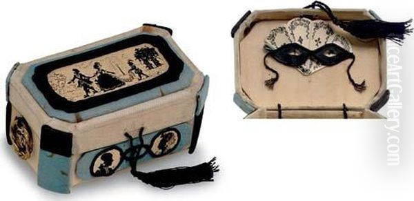 A Handmade Silk Covered 
Snuff-box, Mounted With Five Black Ink Miniatures In Silhouette, 
Depicting A Couple In 18th Century Costume Accompanied By A Servant Boy 
In A Park, The Same Couple In Profile, A Fan And A Mask Oil Painting by Konstantin Andreevic Somov