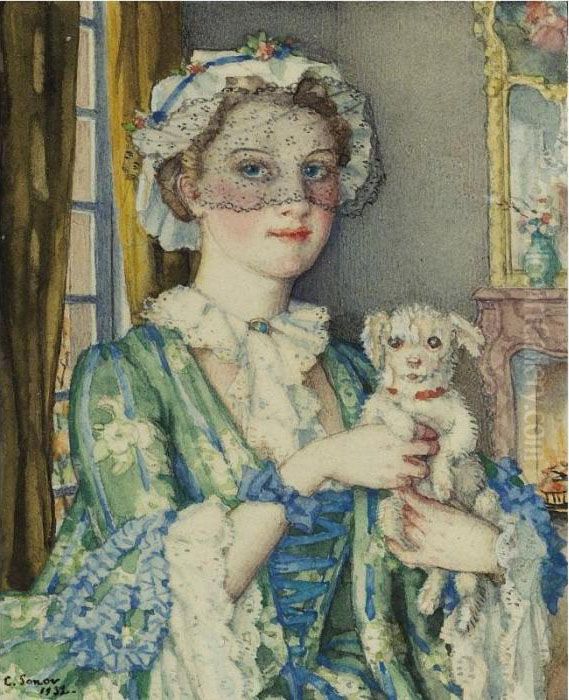 Young Lady With A Lapdog Oil Painting by Konstantin Andreevic Somov