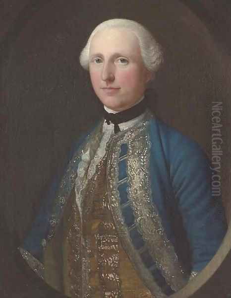 Portrait of a gentleman, half-length, in a blue coat and yellow waistcoat, feigned oval Oil Painting by English School