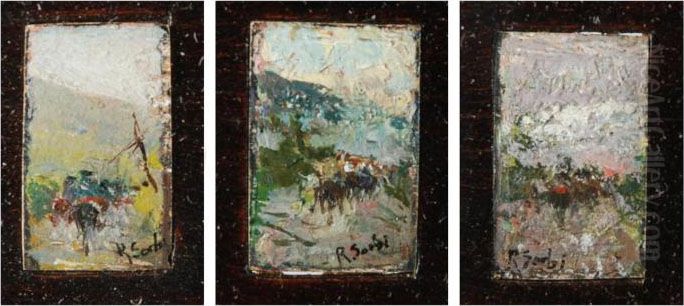 Paesaggi Con Passaggio Di Cavalleggeri Oil Painting by Raffaelo Sorbi