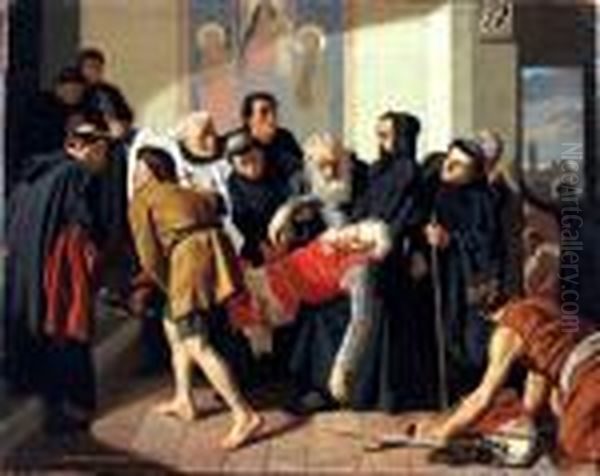 La Morte Di Corsodonati Olio Su 
Tela Cm 30x38 Firmato E Datato In Basso A Sinistra:r.sorbi 1865 Oil Painting by Raffaelo Sorbi