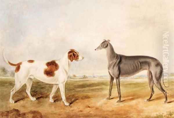 A Foxhound and a Greyhound in an extensive Landscape Oil Painting by English School