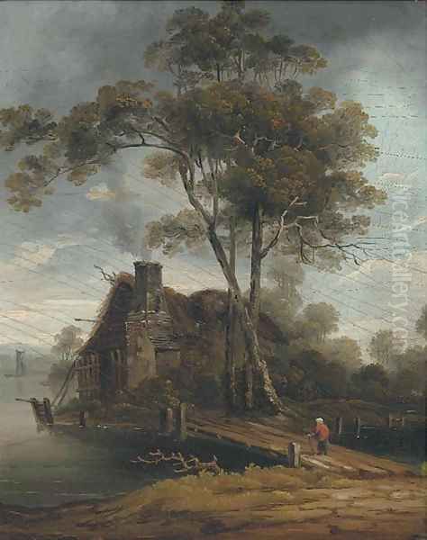 Figure crossing a bridge Oil Painting by English School