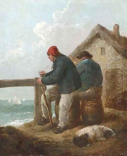 Figures on the bank of a river with cattle watering beyond Oil Painting by English School