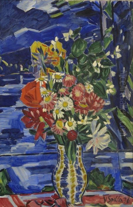 Blumenstillleben Vor Einer Landschaft Oil Painting by Vaclav Spala