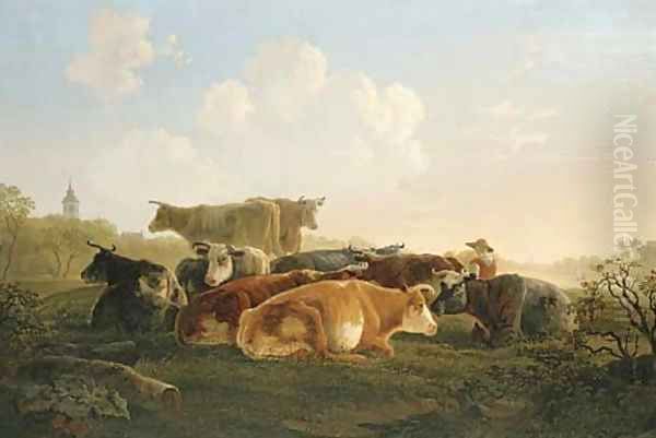 Cattle and a herder resting in a landscape Oil Painting by Jacob Van Stry