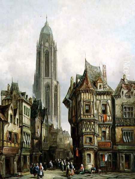 German Street Scene and Church Tower Oil Painting by Henry Schafter