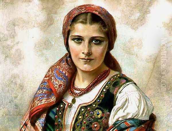 Girl in a Cracovian Folk Costume Oil Painting by Piotr Stachiewicz