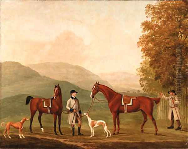 The Hunting Conversation, Two Hunters Held by a Huntsman with a Couple of Hounds in a Landscape Oil Painting by William Shaw