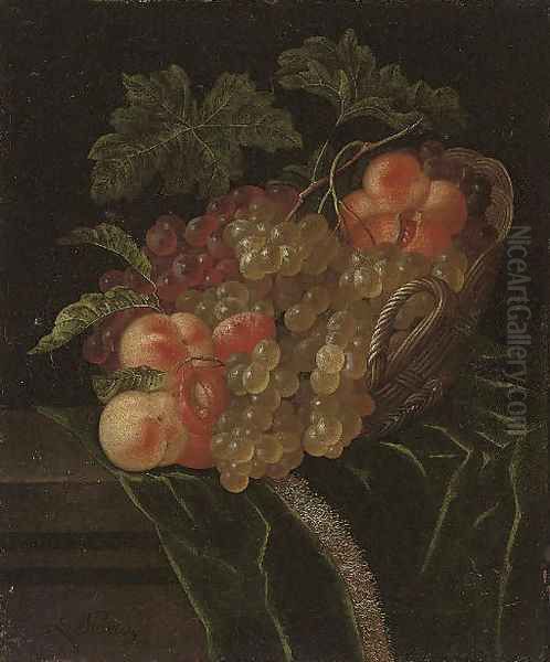 A pomegranate, apricots, grapes and peaches in a wicker basket on a partly-draped stone ledge Oil Painting by Ernst Stuven