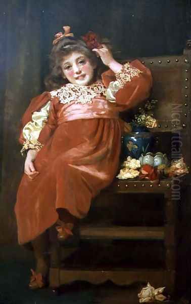 A full length portrait of a pretty young girl in a red dress, reclining in a chair Oil Painting by Hariette Sutcliffe