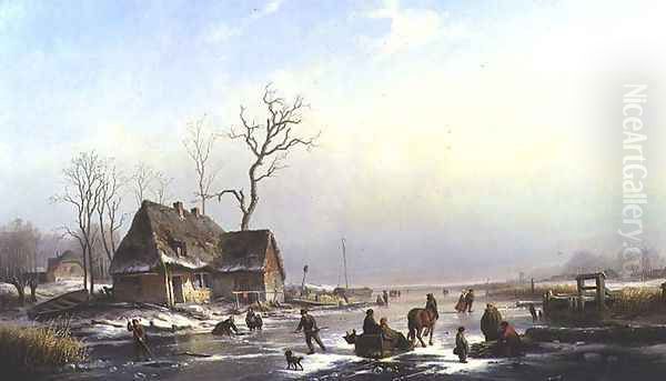 Figures on a Frozen River Oil Painting by Louis Smets