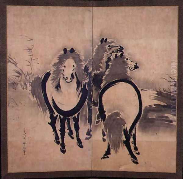 Horses, Japanese, Edo period, c.18th century Oil Painting by Soga Shohaku