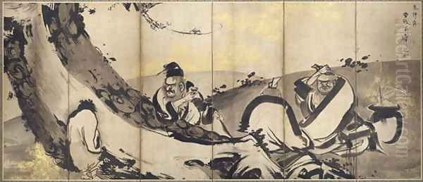 Four Sages of Mount Shang, one of a pair of six-panel folding screens, Edo Period, c.1768 Oil Painting by Soga Shohaku