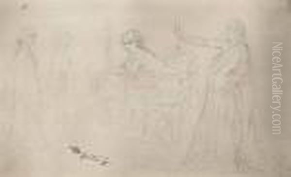 Studienblatt Mit Einem Jungen Madchen An Einem Balkon Und Weitere, Theaterhafte Figuren Oil Painting by Carl Spitzweg