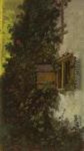 Hauswand Mit Stallfenster Und Mit
 Rosenberanktem Spalier. Oil Painting by Carl Spitzweg
