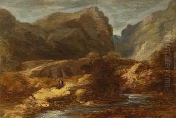 Brucke In Einer
 Felsenlandschaft. Oil Painting by Carl Spitzweg