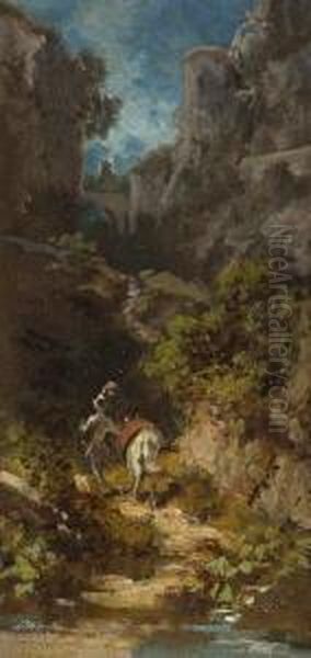 De La Mancha Mit Seinem Pferd 
Rosinante In Einer Felsschlucht Vor Einer Burg Auf Bergeskuppe Rechts. 
Rucks. Nachlasstempel, Zwei Stempel 