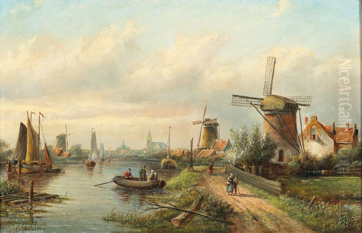 Hollandische Flusslandschaft Oil Painting by Jan Jacob Coenraad Spohler