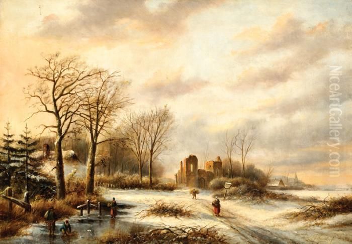 Winter Lanscape With Figureson The Ice And A Ruin In The Background Oil Painting by Jan Jacob Coenraad Spohler