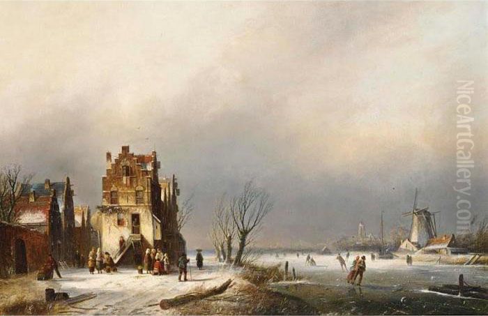 Winter Landscape With Skaters Near A Village Oil Painting by Jan Jacob Coenraad Spohler