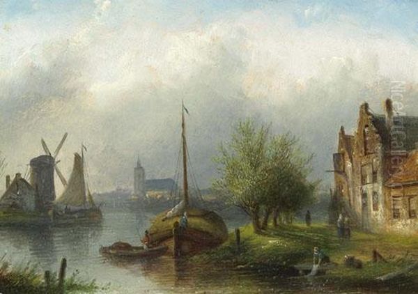 Summer Landscape With Figures Near A River. Oil Painting by Jan Jacob Coenraad Spohler