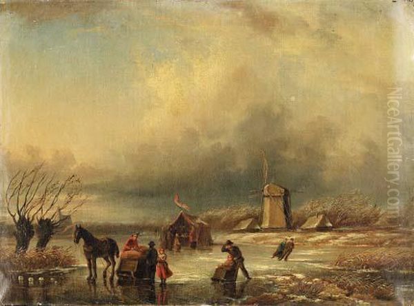 Figures In A Frozen Landscape
Signed With Initials 'jjcs' (lower Right) Oil Painting by Jan Jacob Coenraad Spohler