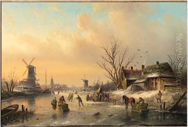 A Winter Landscape With Figures 
Skating And Townsfolk Gatheredaround A Koek En Zopie At Dusk Oil Painting by Jan Jacob Coenraad Spohler