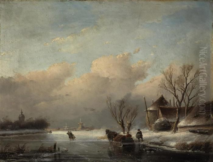 Figures Skating On A Frozen River Oil Painting by Jan Jacob Coenraad Spohler