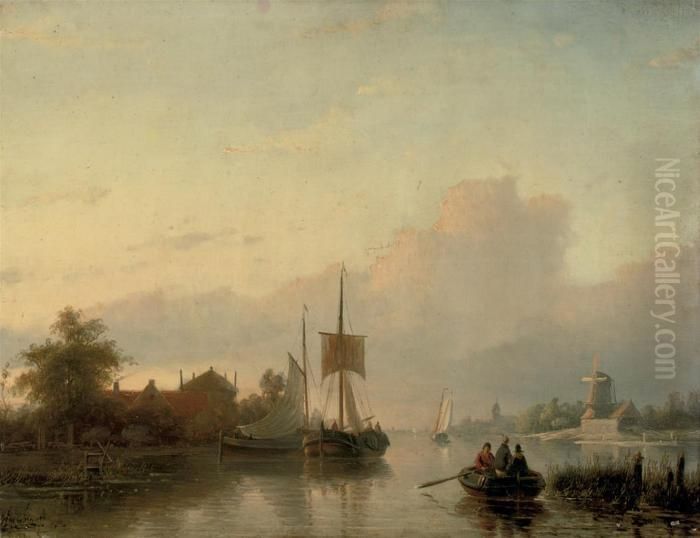 A Summer Landscape With Sailing Vessels And A Rowing Boat Oil Painting by Jan Jacob Coenraad Spohler