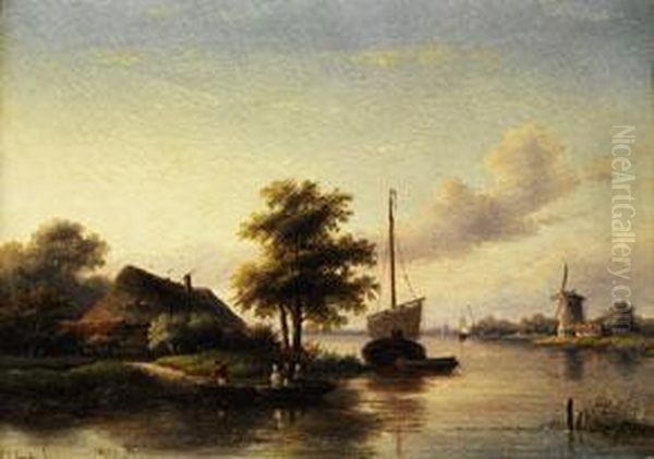 Hollandische Flusslandschaft Mit
 Strohgedeckter Kate, Windmuhle, Segelschiffen Und Fahrkahn Oil Painting by Jan Jacob Coenraad Spohler