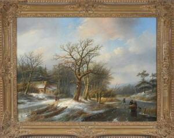 Winterlandschaft Mit Einigen 
Holzsammlern Und Einem Eisfischer Am Waldrand Bei Einem Gehoft Am 
Gefrorenen Bachlauf Oil Painting by Jan Jacob Coenraad Spohler