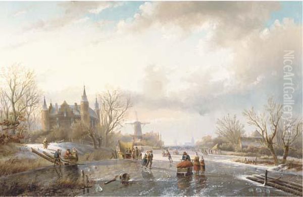 Skaters And Figures By A Koek En Zopie On A Sunny Day Oil Painting by Jan Jacob Coenraad Spohler