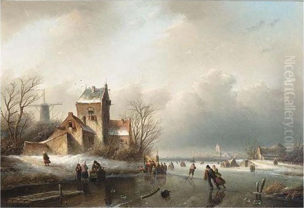 Skaters On A Frozen River, A 'koek And Zopie' Beyond Oil Painting by Jan Jacob Coenraad Spohler