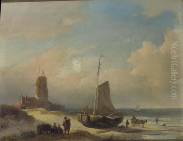 A Coastal View With Fisherfolk 
Resting On A Dunetop; A Frozenwaterway With Skaters And A Koek And Zopie
 Stand Oil Painting by Jan Jacob Coenraad Spohler