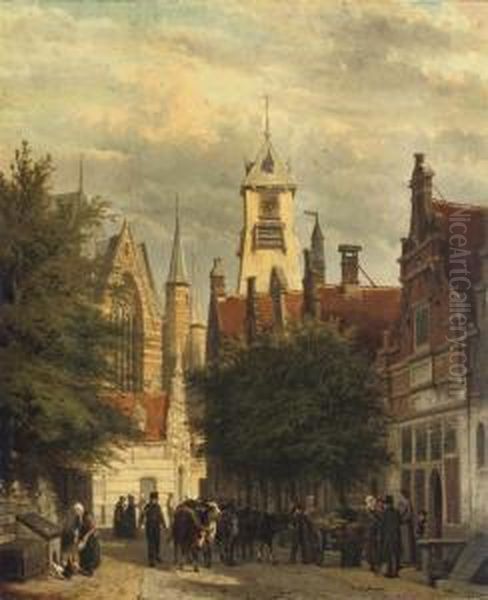 Townspeople And Cattle In The 
Bagijnestraat With The Westerkerk Inthe Background, Enkhuizen Oil Painting by Cornelis Springer