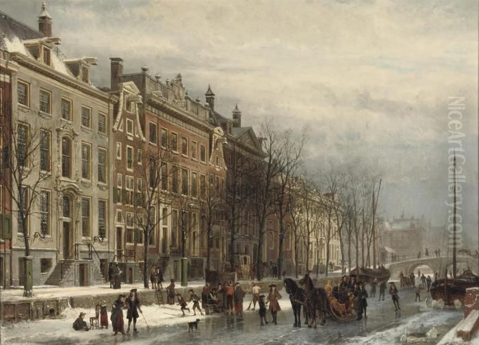 Gezicht Op De Heerengracht Bij 
Den Amstel In Het Einder Der 17deeeuw: Amsterdam In Winter Oil Painting by Cornelis Springer