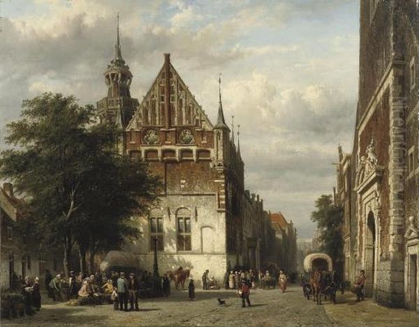 A Busy Market In Front Of The 
Town Hall, Kampen, With The Entrance Of The Nieuwe Toren On The Right Oil Painting by Cornelis Springer
