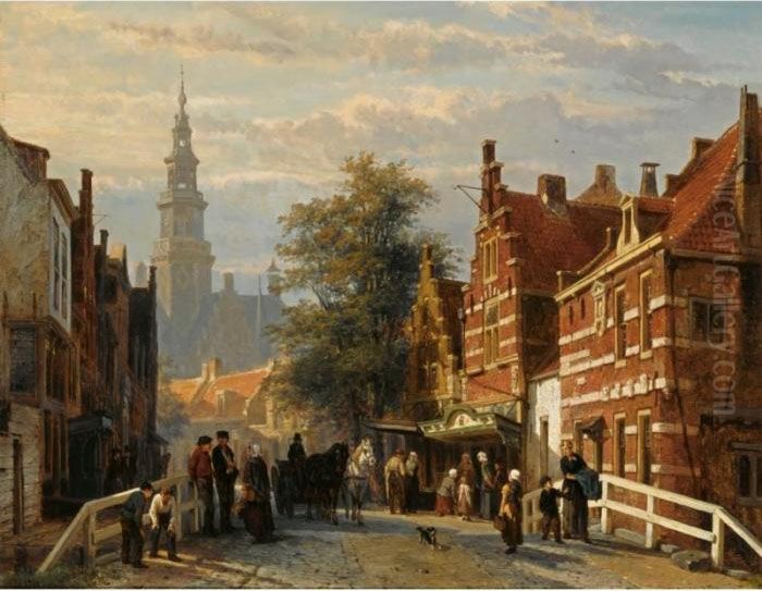 Gezicht Achter Het Stadhuis Te 
Bolsward (a View Of Bolsward With The Townhall In The Distance) Oil Painting by Cornelis Springer