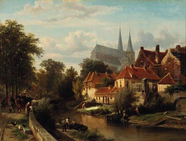 A Summer's Day In Deventer With 
Figures On The Town-wall, The Bergkerk Towering In The Distance Oil Painting by Cornelis Springer