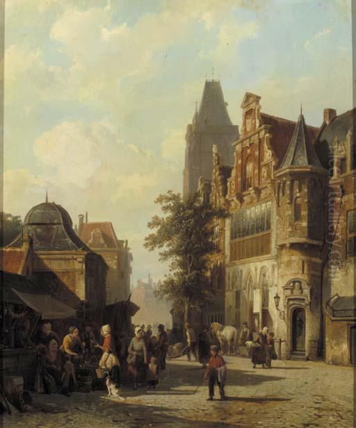 Townsfolk Gathered Around Market
 Stalls, A Capriccio View Ofwoerden's Cityhall In The Background Oil Painting by Cornelis Springer