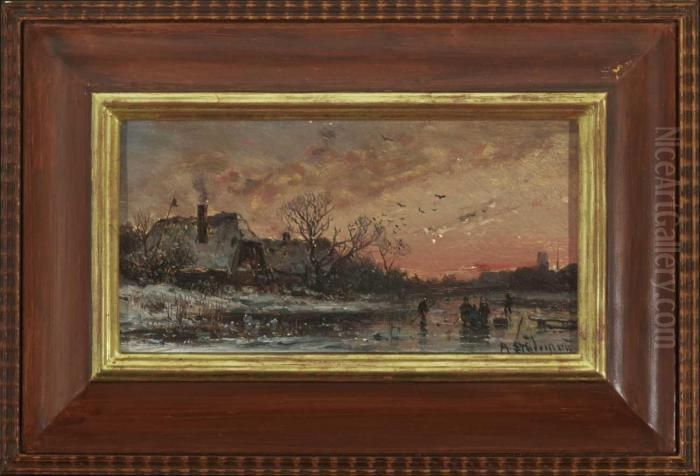 Winterlandschaft Im Abendrot. Oil Painting by Adolf Stademann
