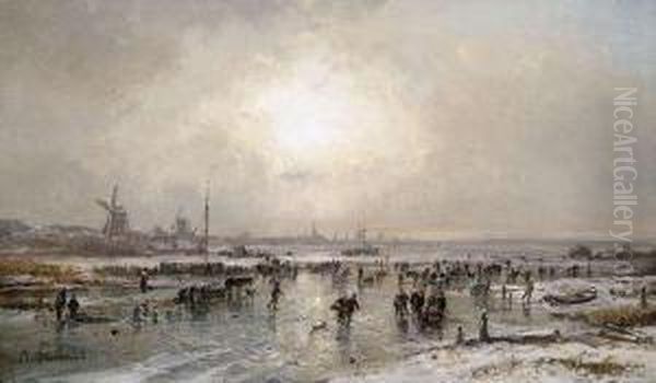 Wintry Landscape With Skaters, 
In The Background A Dutch Town Silhouette Oil Painting by Adolf Stademann